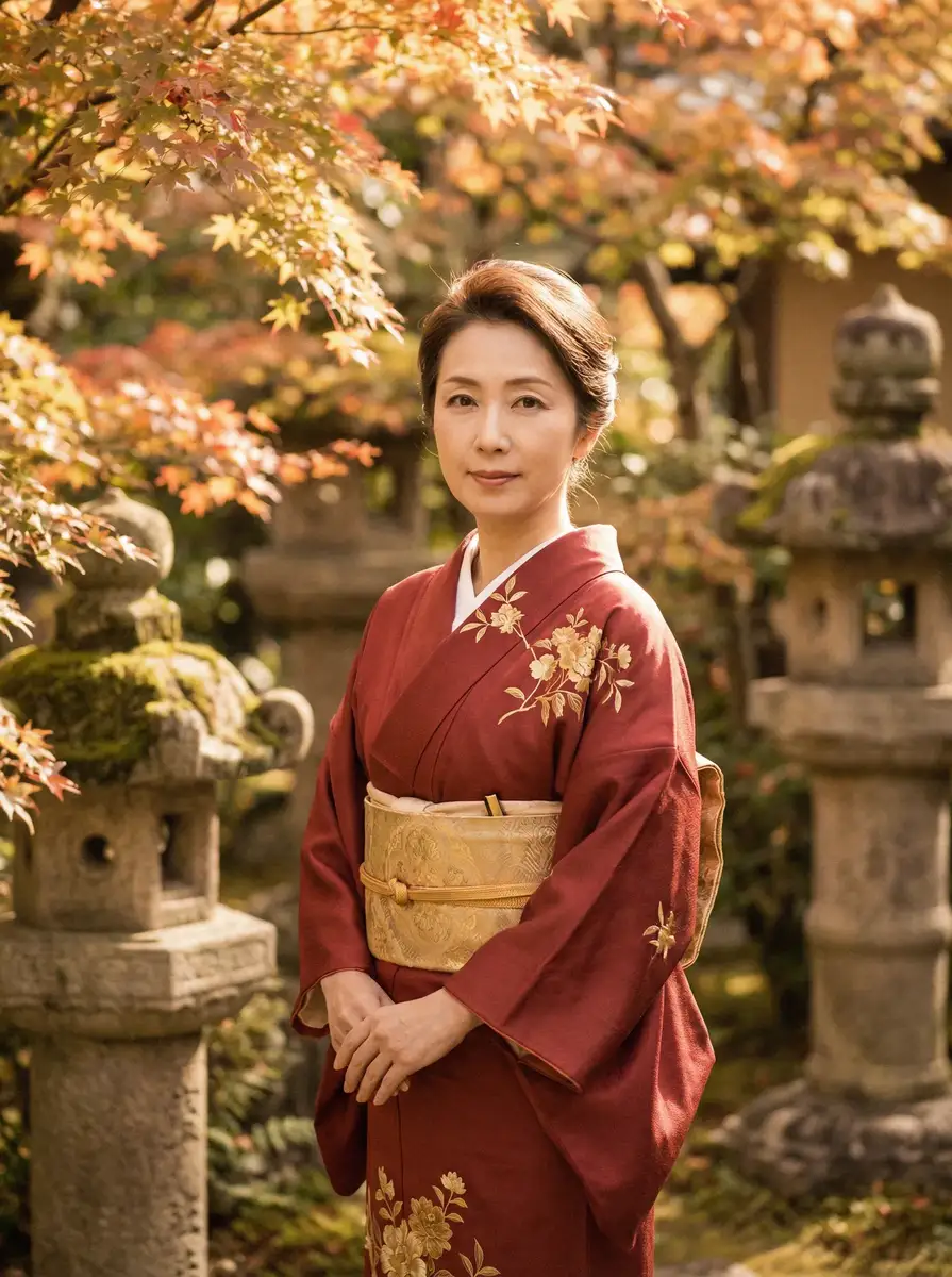 一位身穿暗红色和服的优雅 神秘视频 在日式庭院中